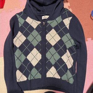Hollister Navy and Green Argyle Cardigan